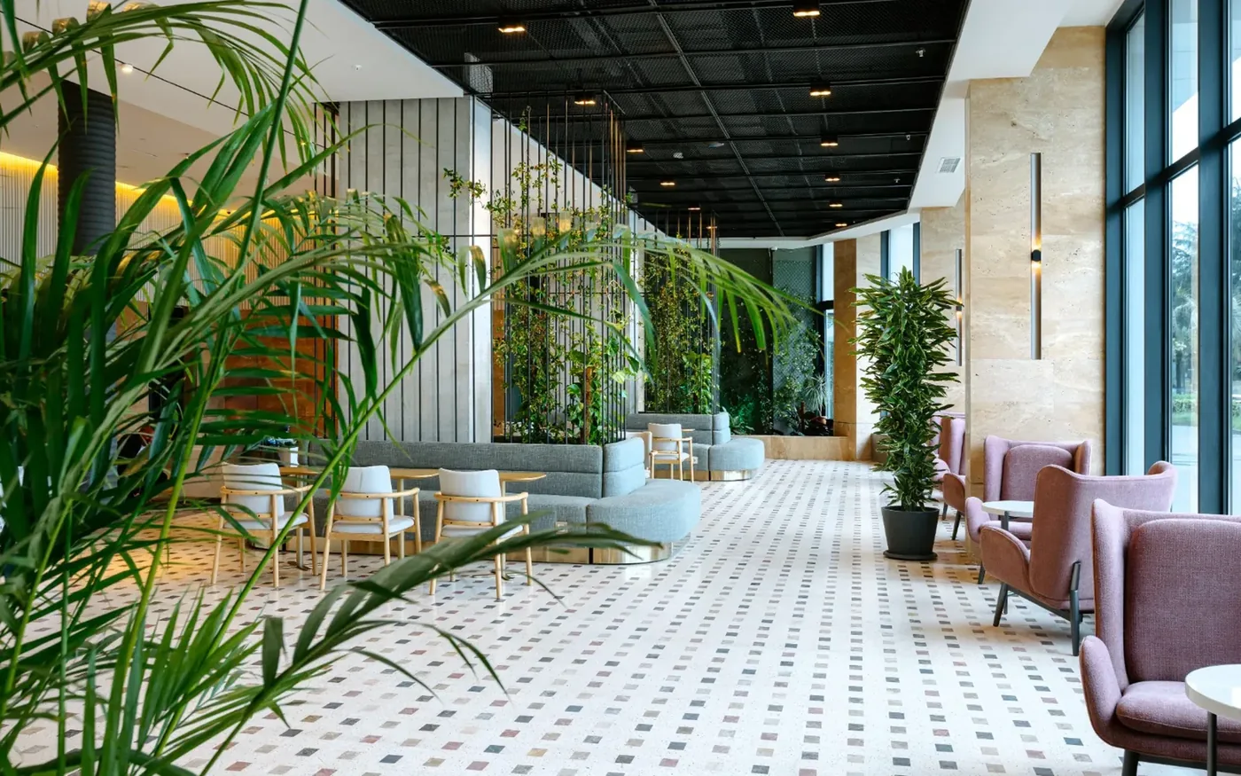 Lobby with lush greenery